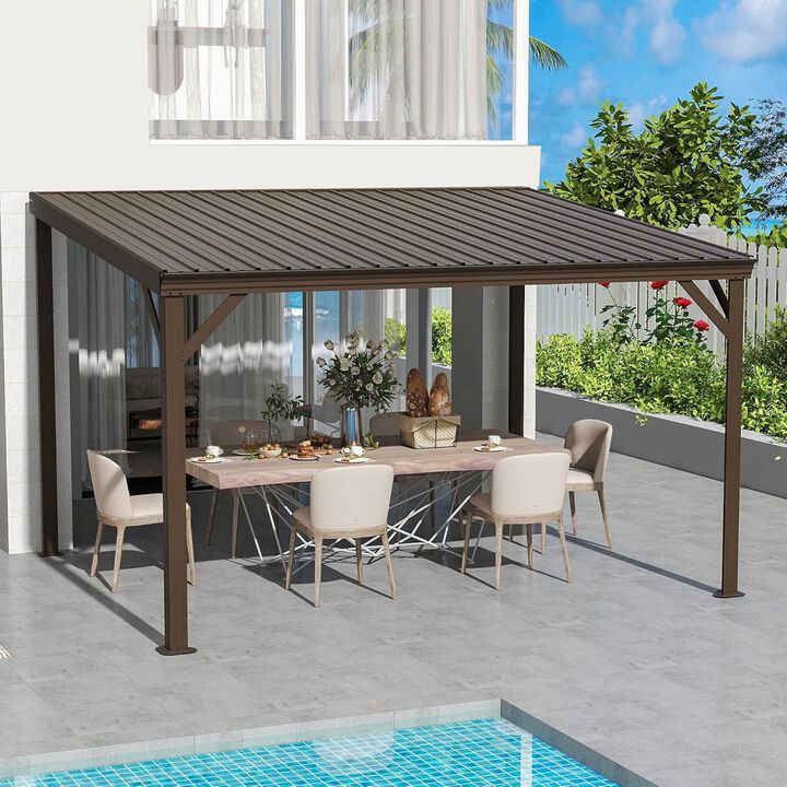 10X12FT Wall Mounted Gazebos Pergola with Built in Drainage System, Galvanized Steel Roof Hardtop Patio Shelter, Gray