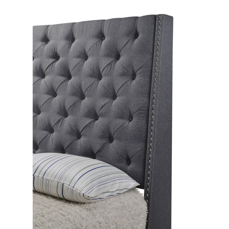Benjara Maze Queen Size Bed, Button Tufted, Nailhead Trim, Gray Fabric Upholstery