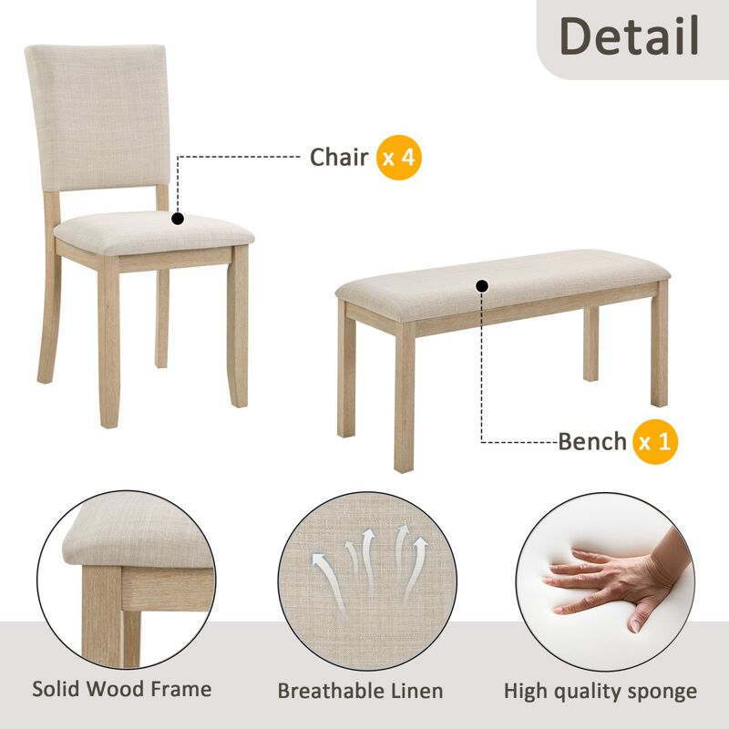 6 Piece Dining Table Set with Bench, rectangular dining table set with bench and 4 chairs, modern wooden dining table set for kitchen image number 7