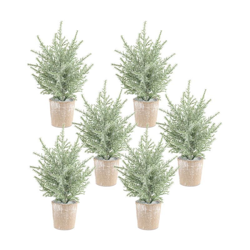 Set of 6 Frosted Holiday Pine Trees in Paper Pots for Festive Home D&eacute;cor