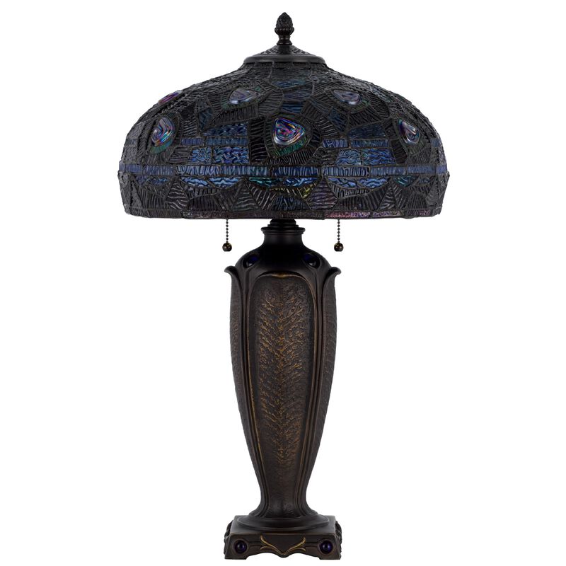 Table Lamp with Pull Chain, Blue Tiffany Stained Glass, 26 Inch Dark Bronze image number 4
