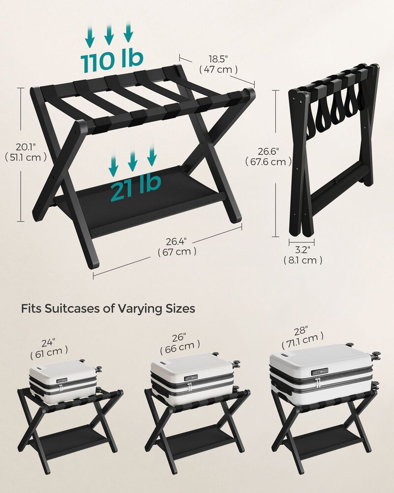 Foldable Suitcase Stand with Shelf &ndash; Guest Room Luggage Rack with Strong Nylon Straps