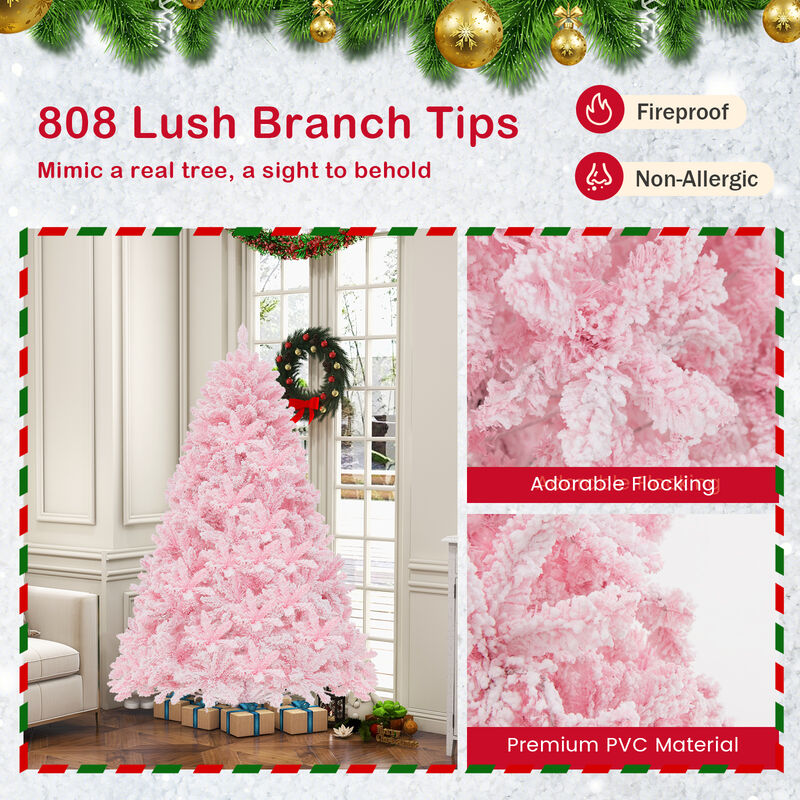 Flocked Artificial Xmas Tree Hinged with 350 LED Lights for Snowy, Bright Holiday Decor