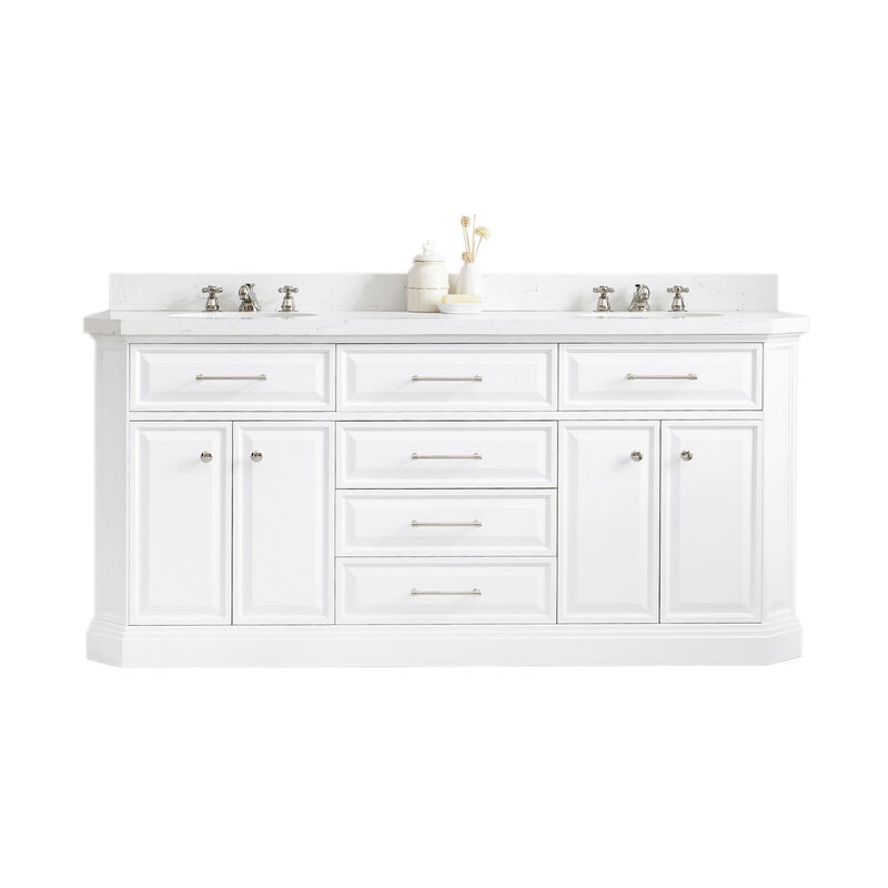 Palace 72 In. Double Sink Carrara Quartz Countertop Bath Vanity in Pure White with Polished Nickel (PVD) Hardware