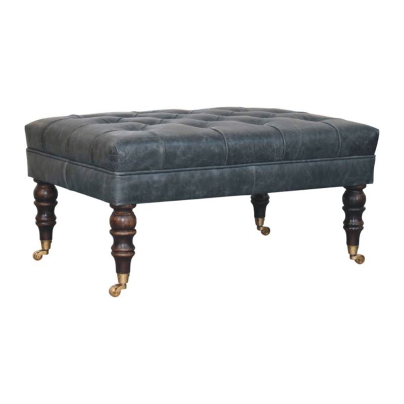 Artisan Furniture Solid Wood Leather Ottoman with Castor Legs
