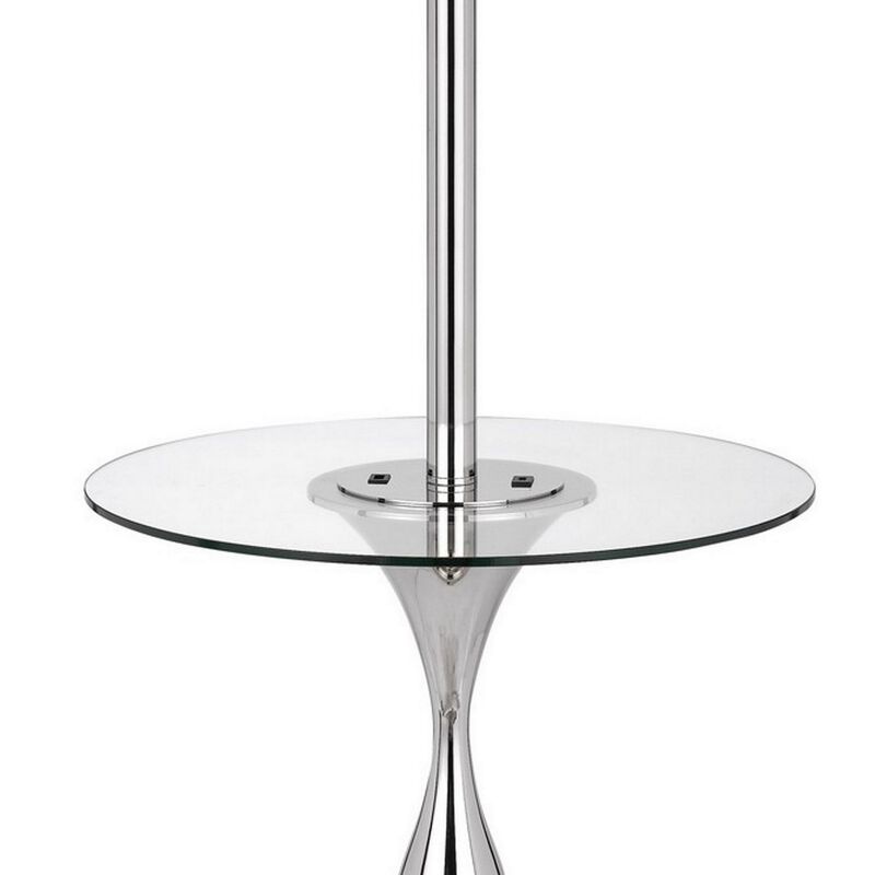 Ava 61 Inch Modern Floor Lamp, Glass Tray Table, 1 USB Port, Glossy, Chrome-Benzara