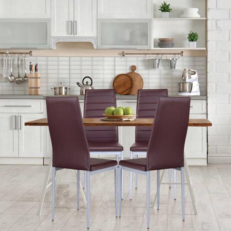 Hivvago Set of 4 Modern High Back Brown PVC Leather Dining Chairs with Metal Legs