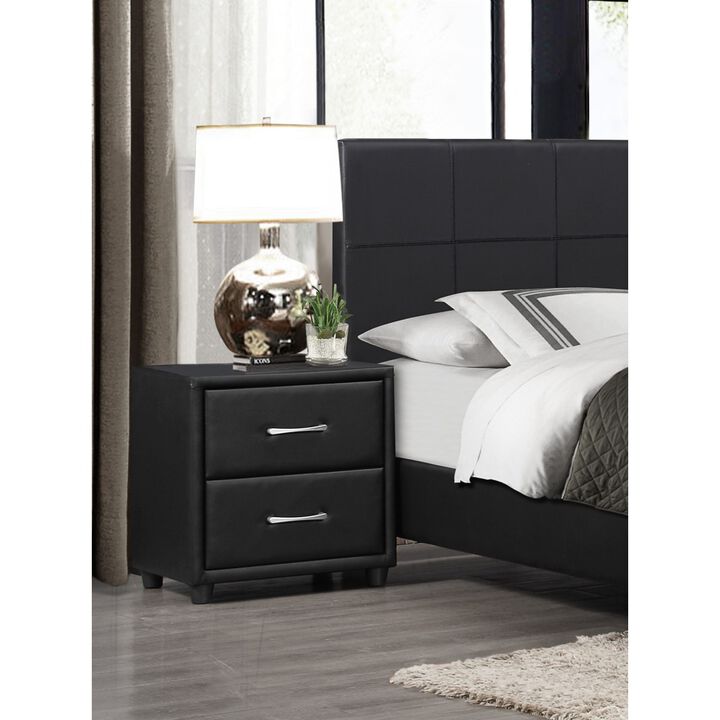 Contemporary Durable Black PU Leather Covering 1pc Nightstand of Drawers Silver Tone Bar Pulls Stylish Furniture