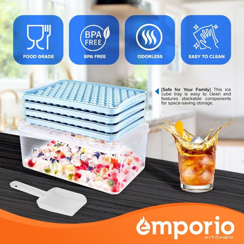 Round Ice Cube Tray with Lid and Bin &ndash; Creates 1664 Ice Balls (0.60 Inch Size), Stackable Ice Cube Trays, Easy-Release Ice Balls for Drinks and Cocktails, Pack of 4 (16 Trays), Blue