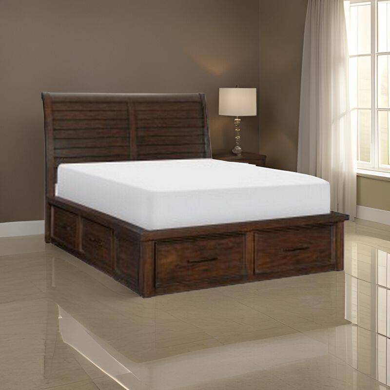 Daisy Queen Platform Bed, 6 Storage Drawers, Metal Handles, Brown Wood - Benzara