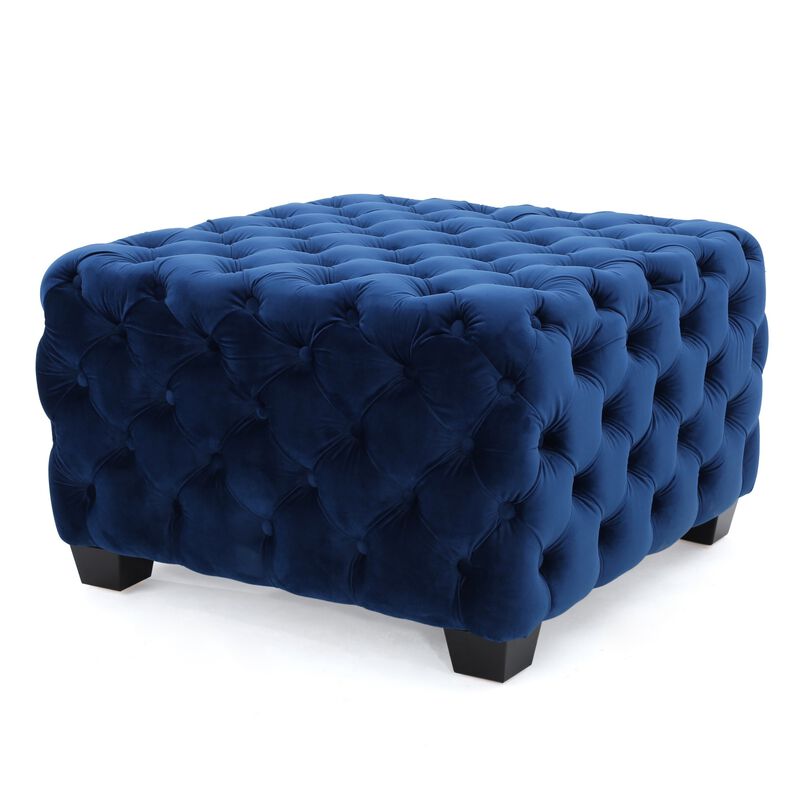Ottoman, Modern Button Tufted, Navy Blue Velvet, 29 Inch Square Shape - Benzara