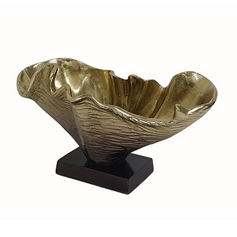 15 Inch Curved Shell Decorative Bowl, Aluminum, Square Base, Gold and Black image number 0
