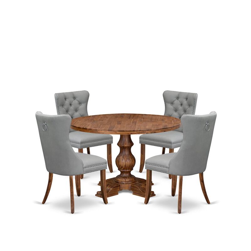 5-Pc Dinner Table Set Contain A Wood Table And 4 Light Gray Upholstered Chairs
