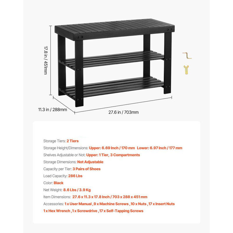 Entryway Shoe Storage Bench 3-Tier Wicker Rack for Hallway, Bedroom, Front Door Use-Black image number 2