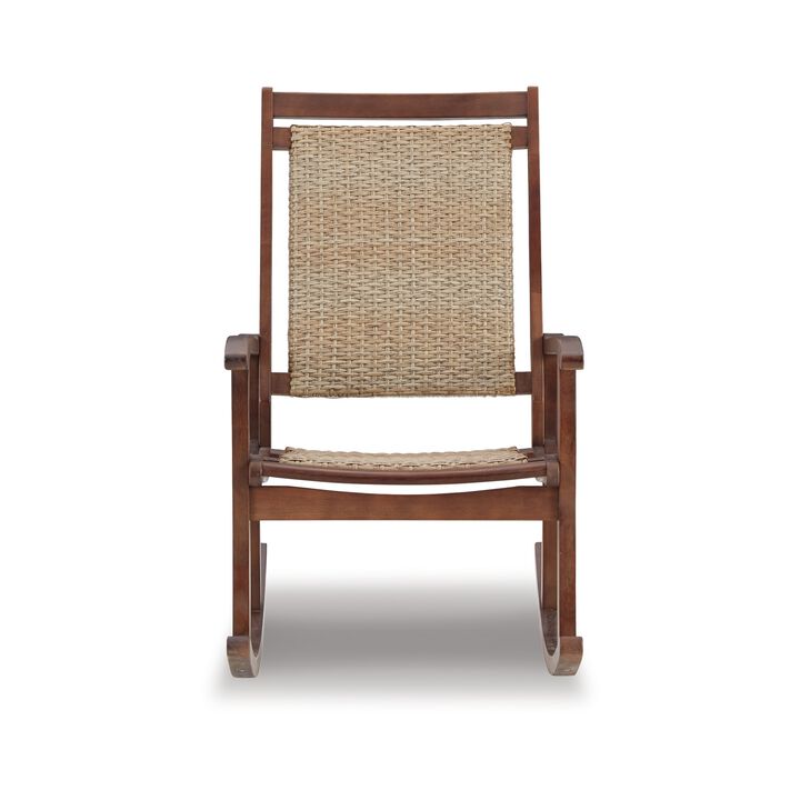 Emin 38 Inch Rocking Chair, Outdoor Resin Wicker Seat, Brown Wood Frame - Benzara