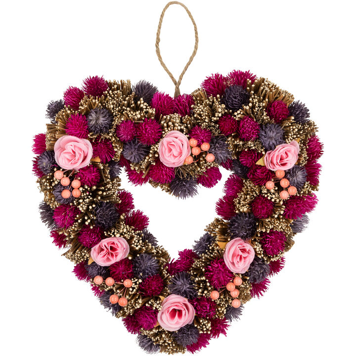 Floral and Twig Artificial Heart Valentine's Day Wreath - 13.5-Inch - Pink and Purple