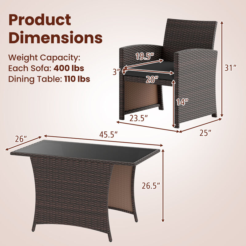 3 Piece Patio Wicker Dining Set with Rectangle Tempered Glass Dining Table