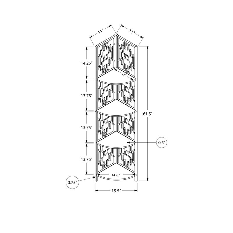 Monarch Specialties I 3621 Bookshelf, Bookcase, Etagere, Corner, 4 Tier, 62"H, Office, Bedroom, Metal, Laminate, Brown, Black, Transitional
