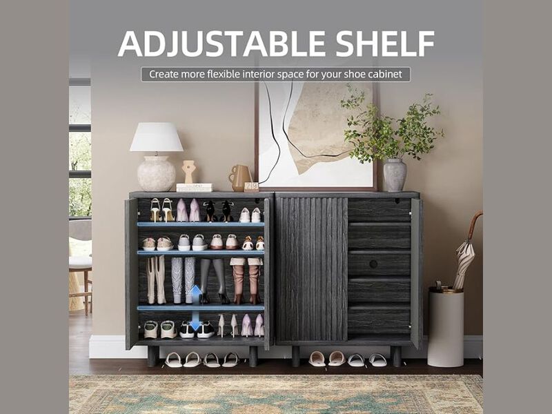 Entryway Wood Shoe Storage Bench 5 Tier Adjustable Shelves 46 Inch image number 1