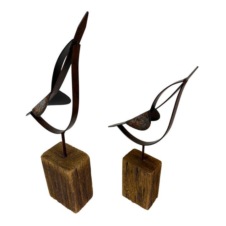 Abstract Bird Statues Set Of 2 Rustic Wood Metal Tabletop Sculptures 1325in