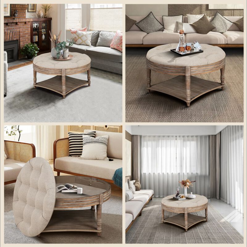 Plozup Large Round Tufted Linen Upholstered Ottoman Coffee Table image number 6