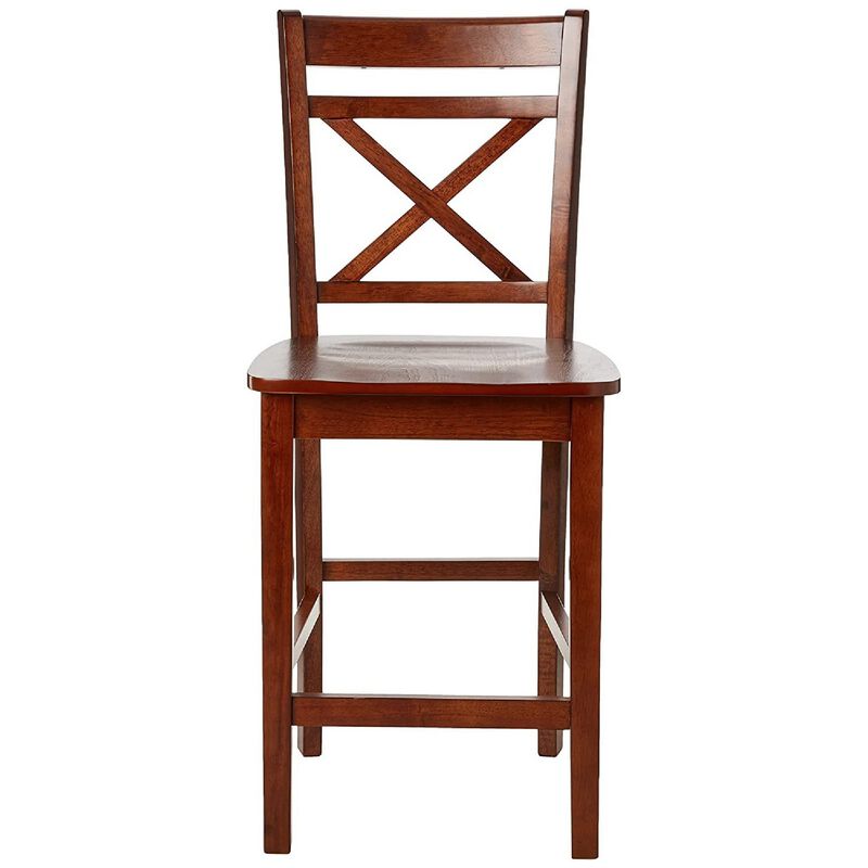 Wooden Counter Height Chair with Cross Back, Set of 2, Cherry Brown