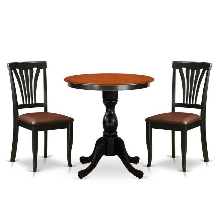 East West Furniture 3-Piece Dining Set Contains a Dinning Table and 2 Faux Leather Dining Chairs with Slatted Back- Black Finish