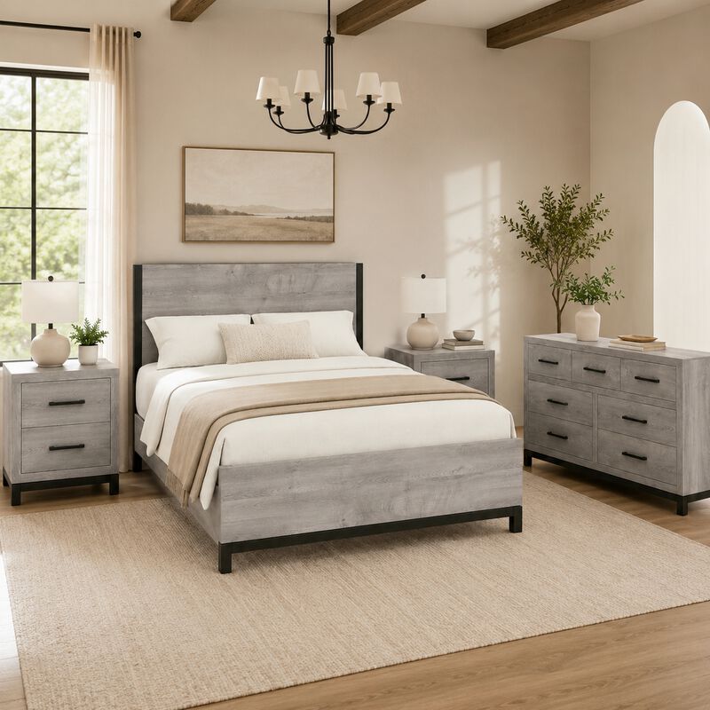 Queen Bedroom Set, Gray Wood, 4 Piece Set with 2 Nightstands and Dresser image number 8