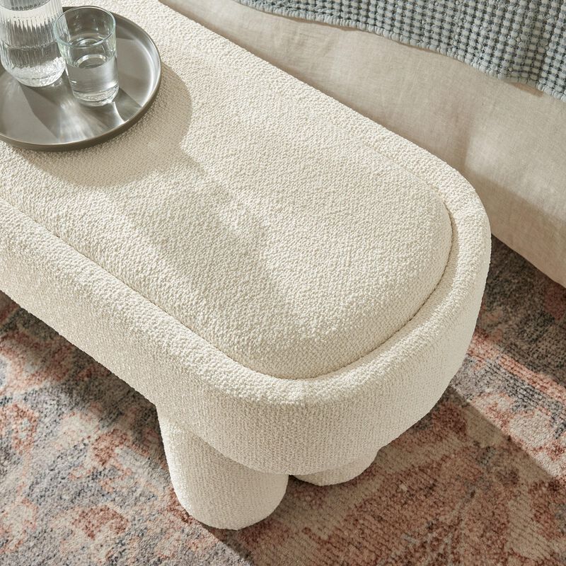 Modway Mossi 52-Inch Modern Oval Boucle Fabric Bench in Marble &ndash; Upholstered Accent Bench with Cylindrical Clover-Leg Base for Bedroom, Entryway, or Living Room image number 4