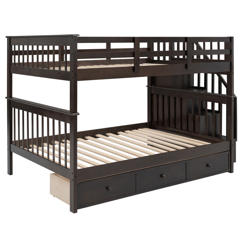 Stairway Full-Over-Full Bunk Bed with Drawer, Storage and Guard Rail for Bedroom, Espresso color