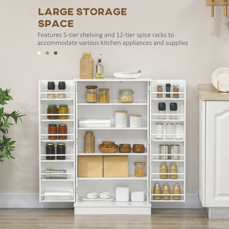 41" White Kitchen Pantry Cabinet, Kitchen Pantry Storage Cabinet with 5-tier Shelving, 12 Spice Racks and Adjustable Shelves
