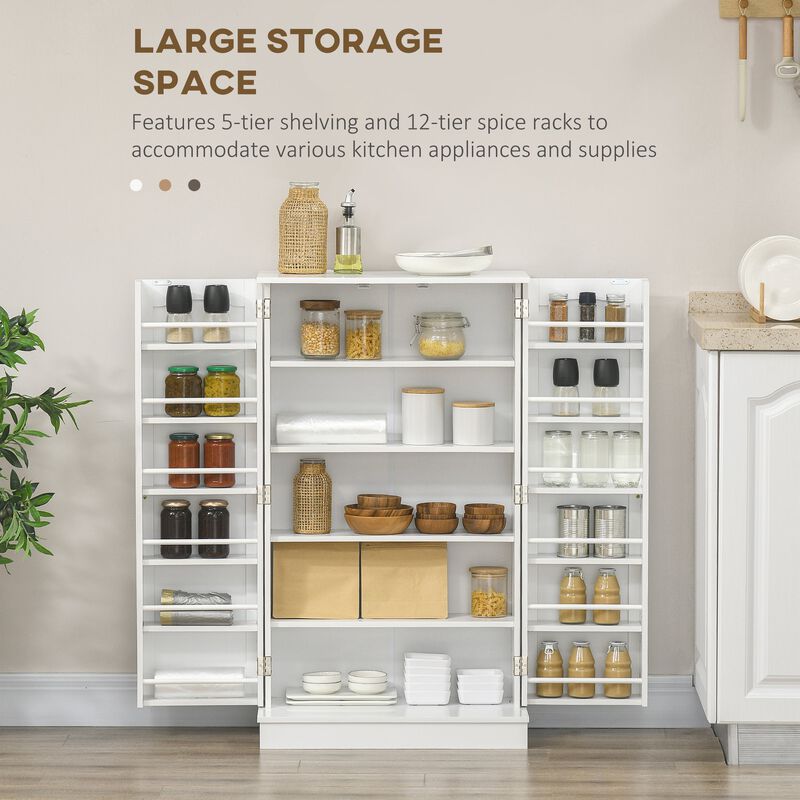 41" White Kitchen Pantry: 5-Tier, 12 Spice Racks, Adjustable Shelves