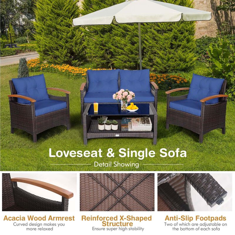 Mondawe 4 Pieces Patio Rattan Furniture Set with Cushioned Sofa and Storage Table