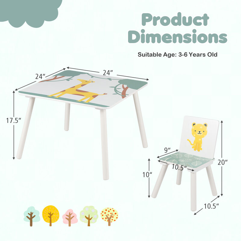 Kids Table and 2 Chairs Set for Ages 3-6 with Animal Prints image number 2
