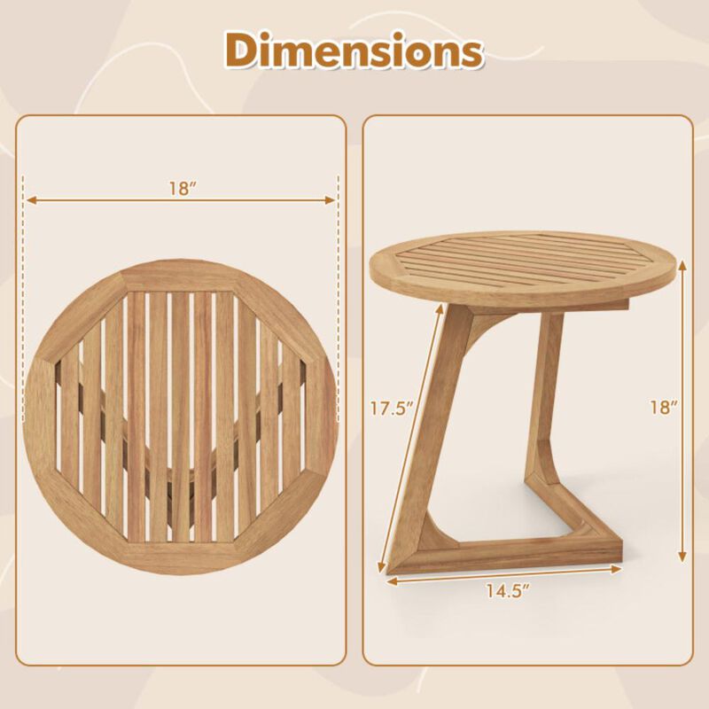 Hivvago Teak Wood Side Table Round Sofa End Table with Slatted Tabletop