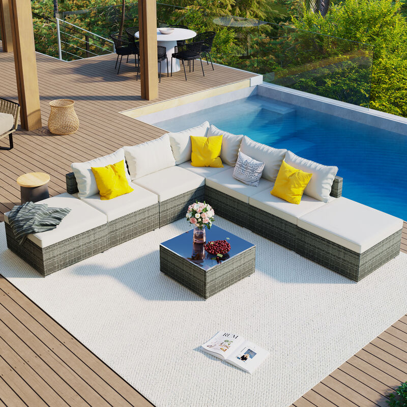 8-Pieces Outdoor Patio Furniture Sets, Garden Conversation Wicker Sofa Set, Single Sofa Combinable