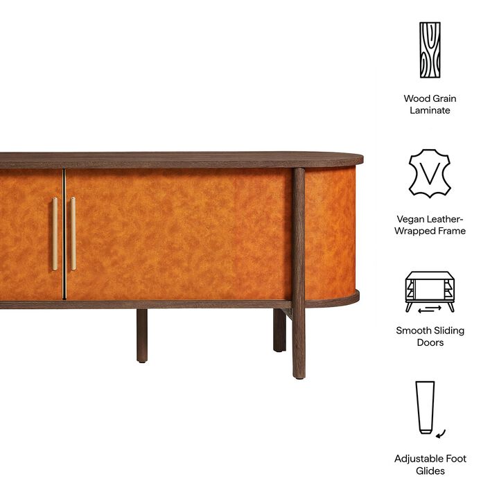 Modway Coralie 71 Inch Oval Leather TV Stand in Walnut Tan &ndash; Vintage Mid Century Modern Entertainment Center with Sliding Doors &ndash; Low-Profile Media Console