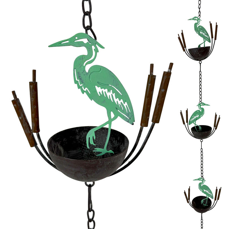 Metal Heron Rain Chain 102in Green Rustic Hanging Downspout Alternative Bell image number 0