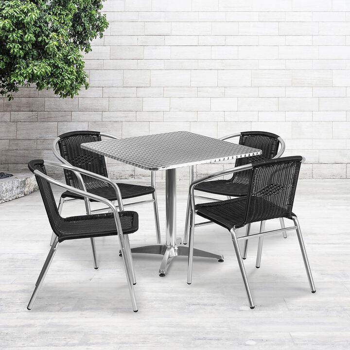 Flash Furniture 31.5'' Square Aluminum Indoor-Outdoor Table Set with 4 Dark Brown Rattan Chairs