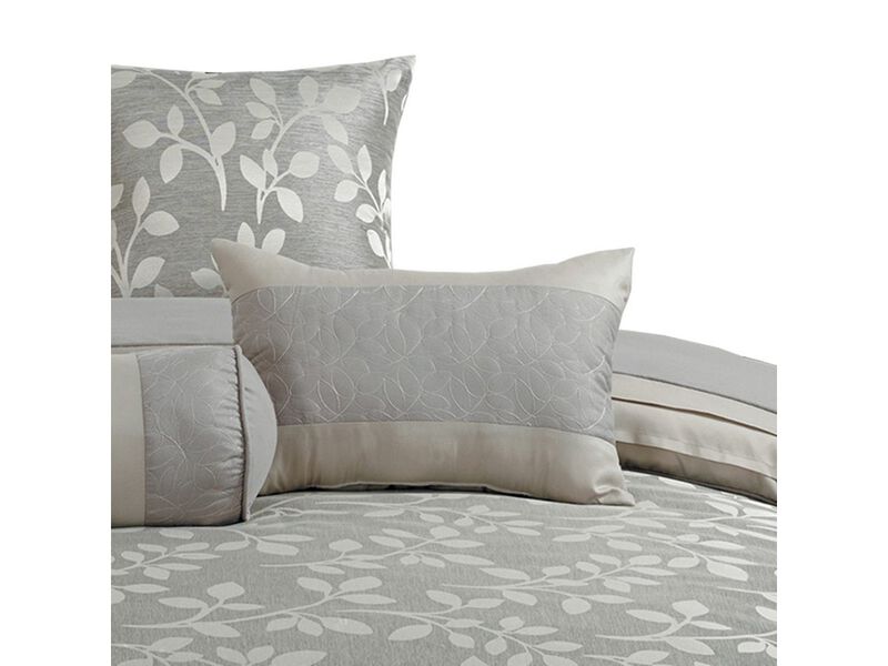 Queen Size 7 Piece Fabric Comforter Set with Leaf Prints, Gray - Benzara