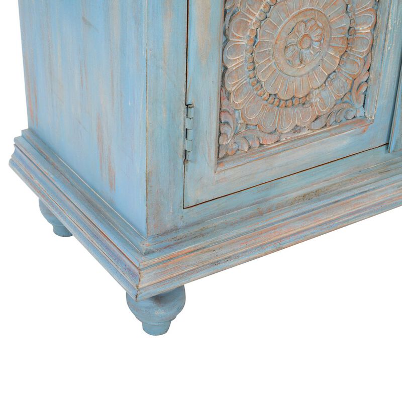 Jofran 71 Solid Wood Boho Distressed Sideboard Cabinet with Artisan Carved Doors