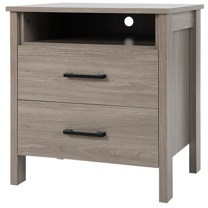 Modern Wood Grain Nightstand with Cable Hole and Open Compartment