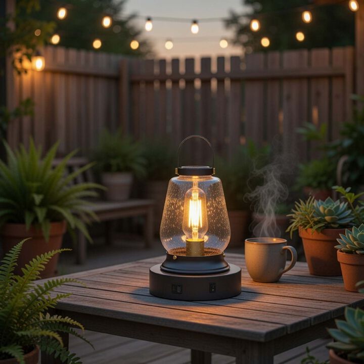 Jerry Lantern Table Lamp, Bubble Glass Shade, USB Ports, Dark Bronze
