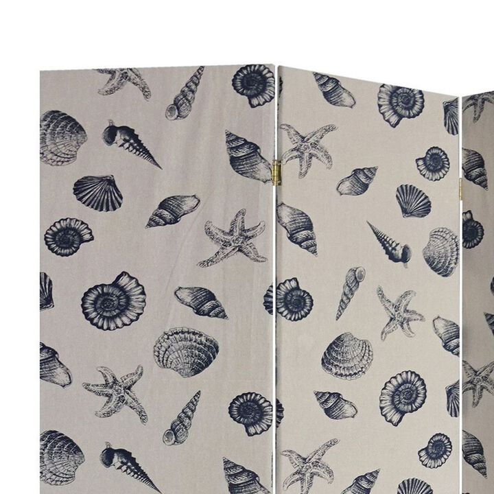 71 Inch 3 Panel Fabric Room Divider with Seashell Print, Blue-Benzara