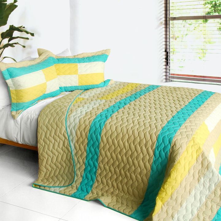 3 Piece Vermicelli-Quilted Patchwork Quilt Set for Cozy Bedroom Decor-Yellow