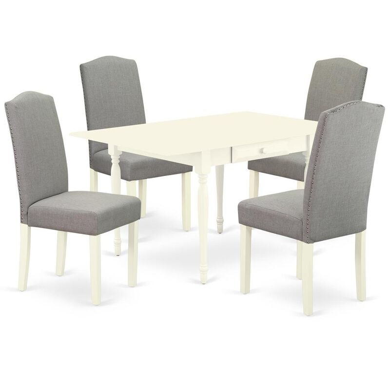 1MZEN5-LWH-06 5Pc Modern Dining Table Set Contains a Wood Dining Table and 4 Parsons Chairs with Shitake Color Linen Fabric, Drop Leaf Table with Full Back Chairs, Linen White Finish