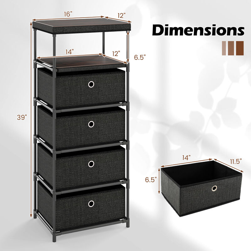 4 Drawer Storage Tower with Fabric Bins, Wood Top and Sturdy Metal Frame
