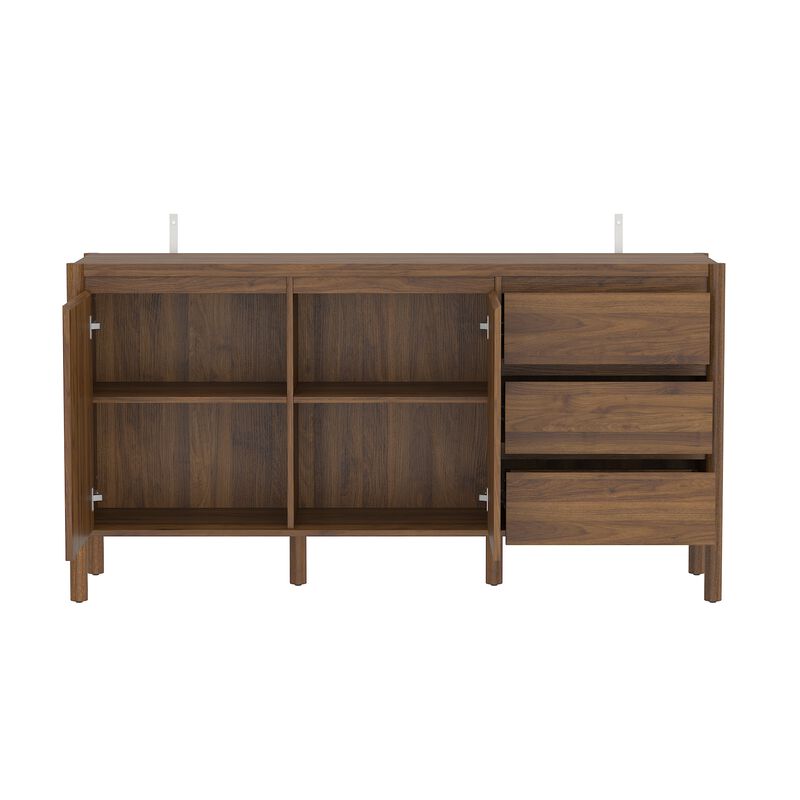 FUFU&GAGA Round Leg 2-Door 3-Drawer Cabinet with Painted Rubberwood Legs, 15mm Particleboard Construction, and Faux Thick Panel, (59"W x 16.5"D x 30.9"H) , Brown image number 5