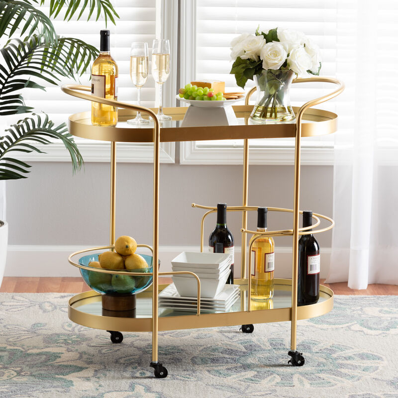 Baxton Studio Kamal Glam Brushed Gold Finished Metal 2 Tier Mobile Wine Bar Cart