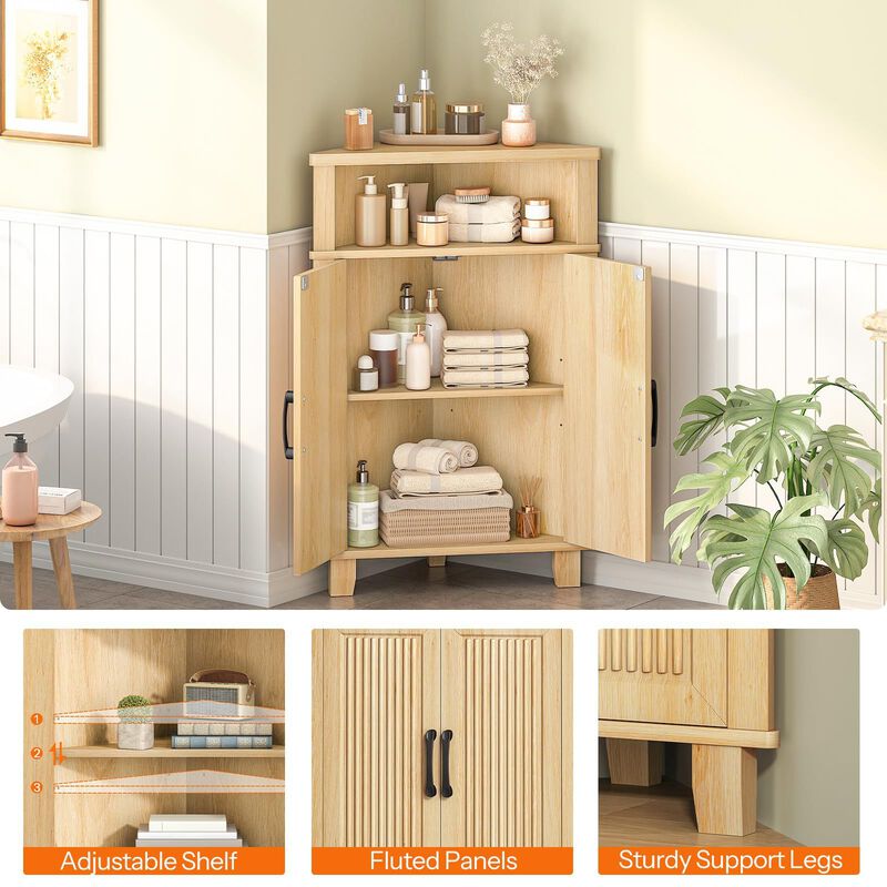 Wooden Fluted Corner Storage Cabinet with Door, Compact Space Saving Design-Beige image number 4